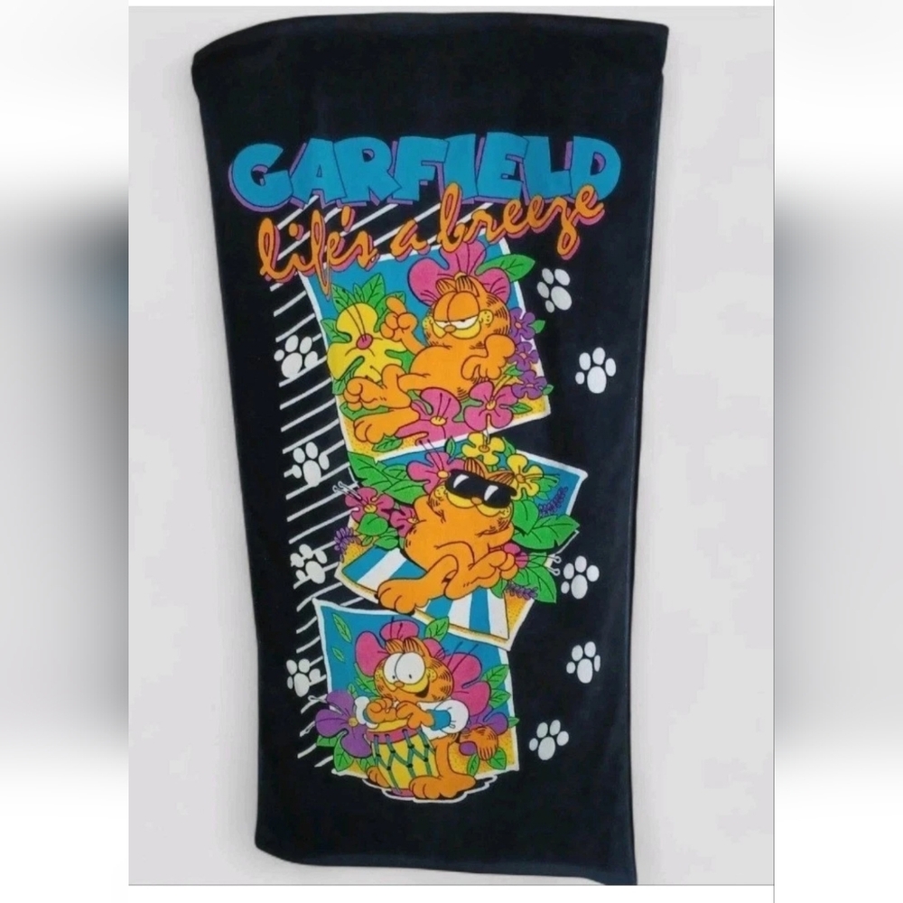 Vintage 1978 Franco Garfield Lifes A Breeze Beach Towel Neon Paw Prints Black